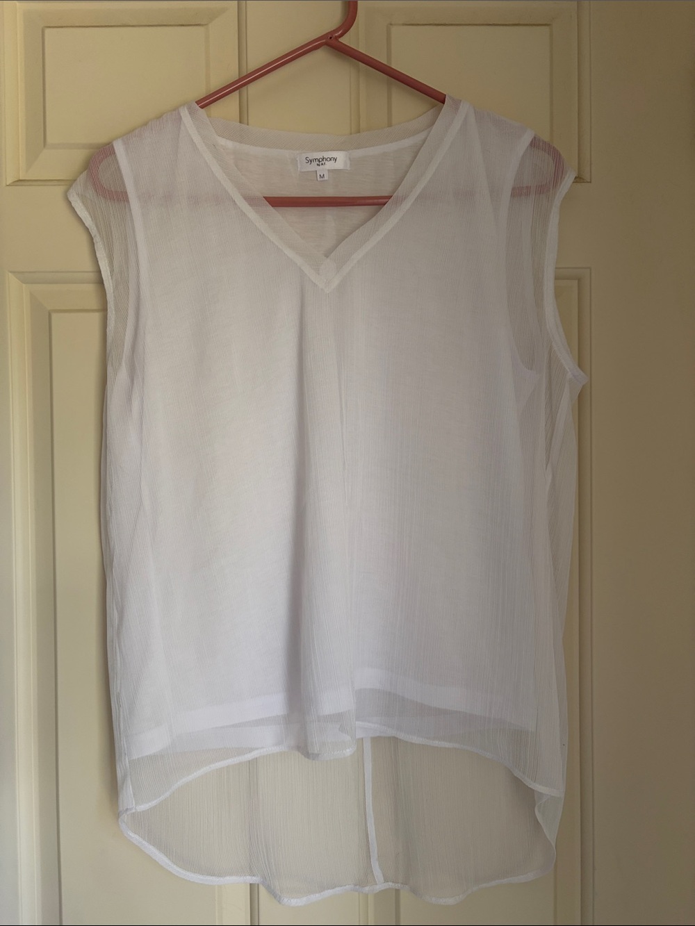 Symphony Sheer White V-Neck Sleeveless Tank Top with Sheer Overlay